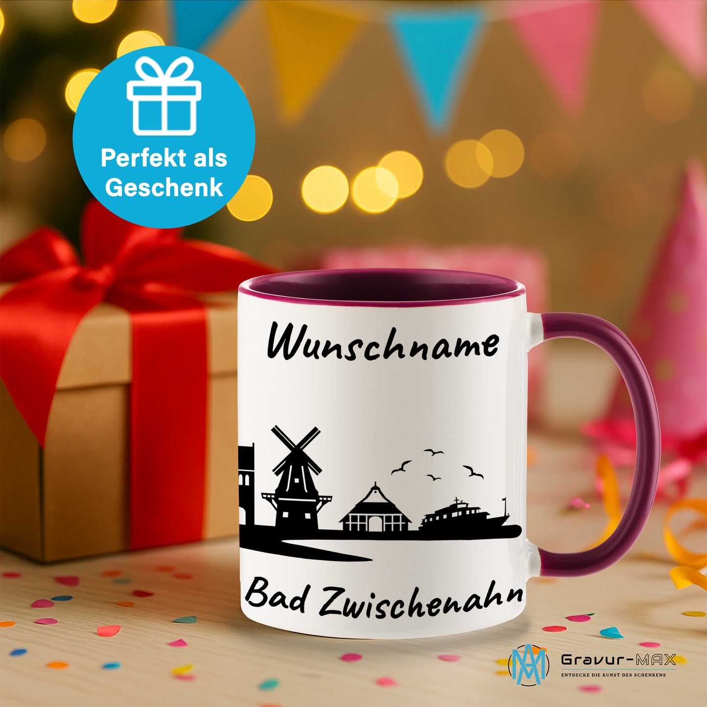 Tasse in Bordeauxrot 330ml bedruckt mit der Skyline von Bad Zwischenahn personalisierbar mit Wunschname