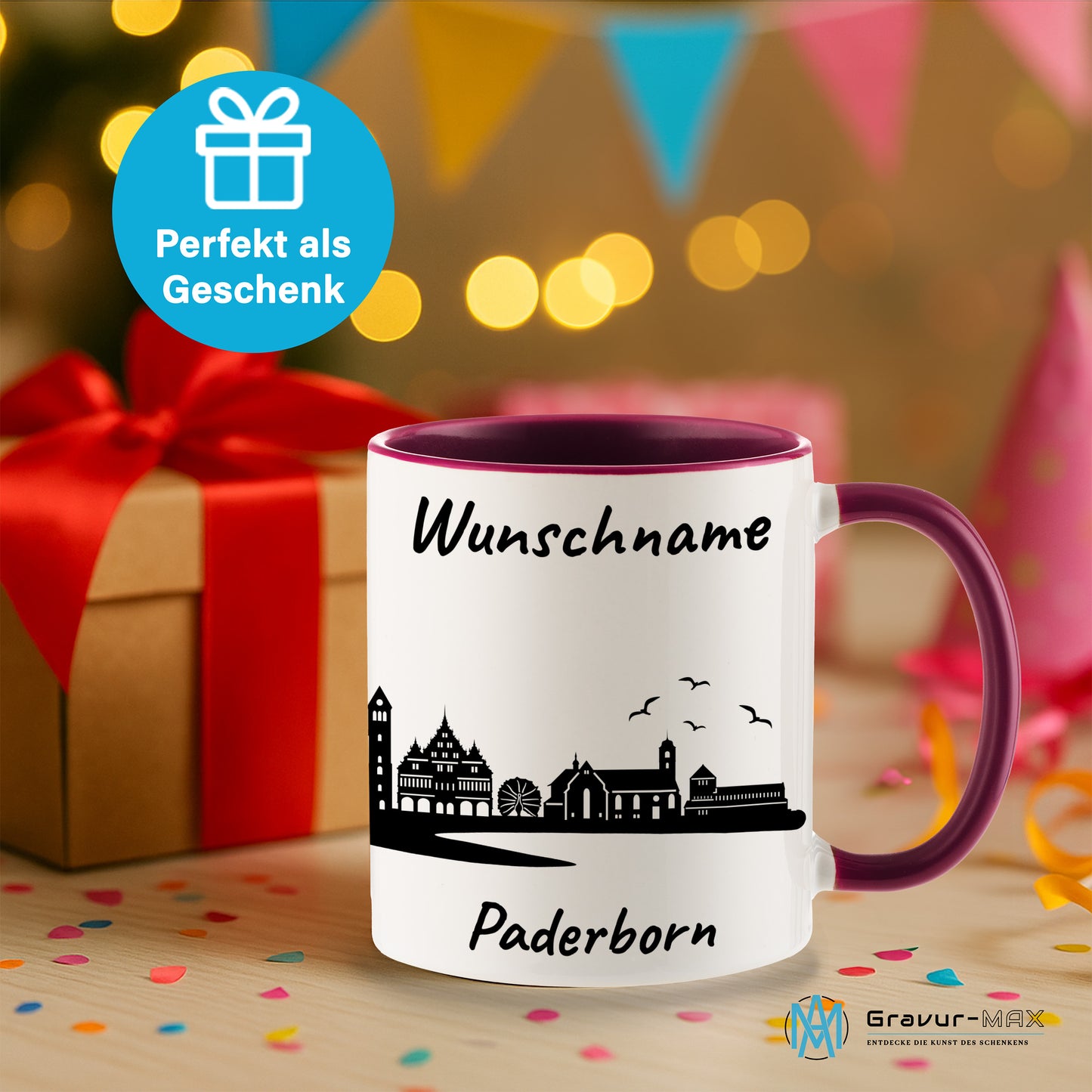 Tasse in Bordeauxrot 330ml bedruckt mit der Skyline von Paderborn personalisierbar mit Wunschname