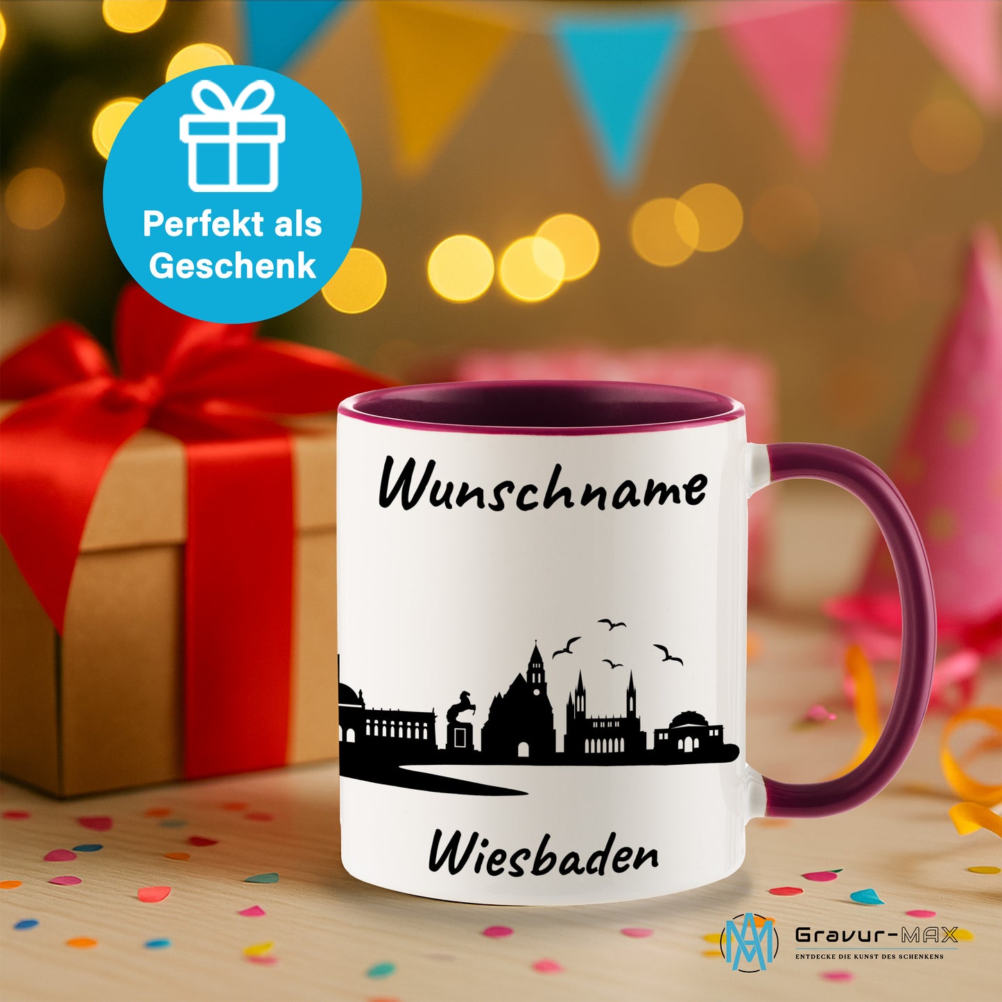 Tasse in Bordeauxrot 330ml bedruckt mit der Skyline von Wiesbaden personalisierbar mit Wunschname
