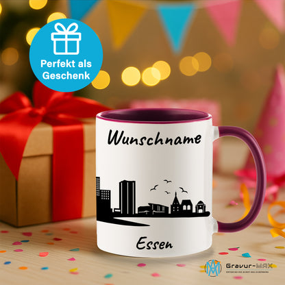 Tasse in Bordeauxrot 330ml bedruckt mit der Skyline von Essen personalisierbar mit Wunschname