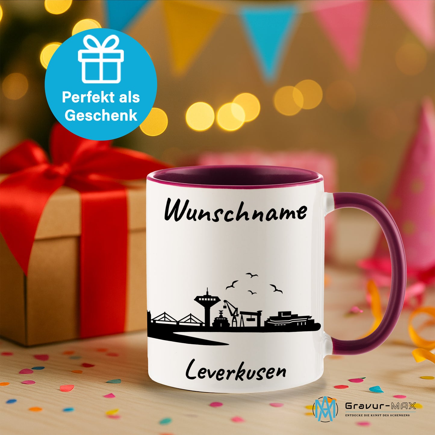 Tasse in Bordeauxrot 330ml bedruckt mit der Skyline von Leverkusen personalisierbar mit Wunschname
