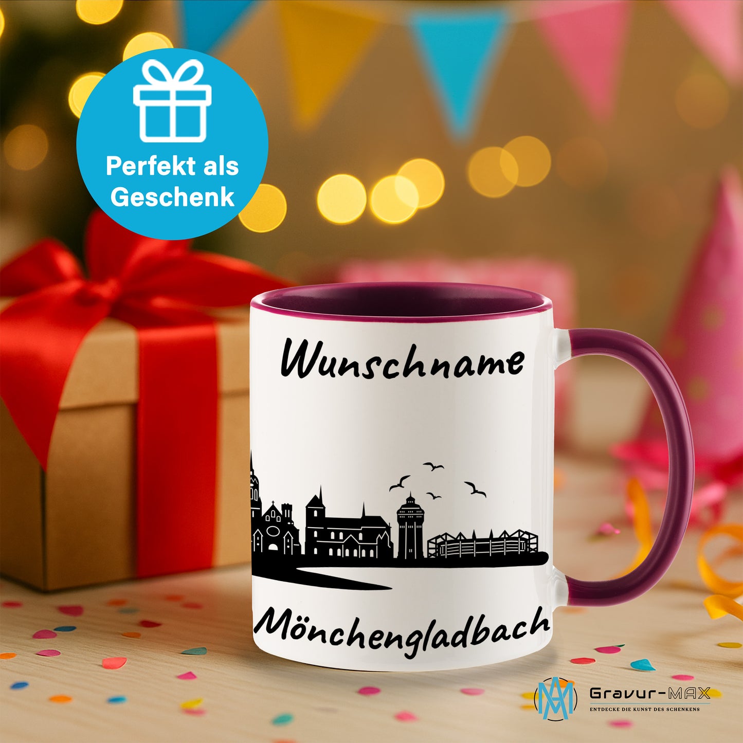Tasse in Bordeauxrot 330ml bedruckt mit der Skyline von Mönchengladbach personalisierbar mit Wunschname