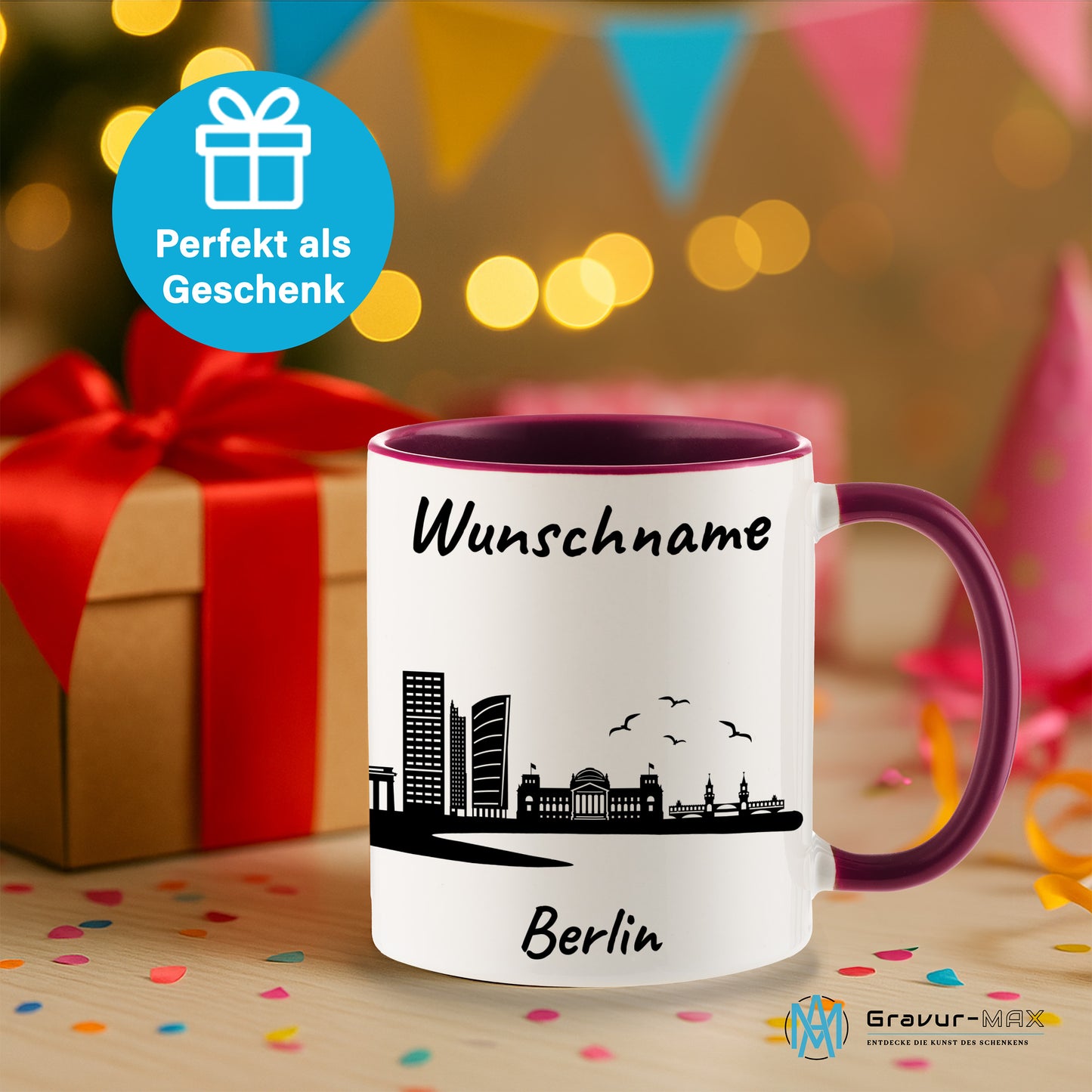 Tasse in Bordeauxrot 330ml bedruckt mit der Skyline von Berlin personalisierbar mit Wunschname