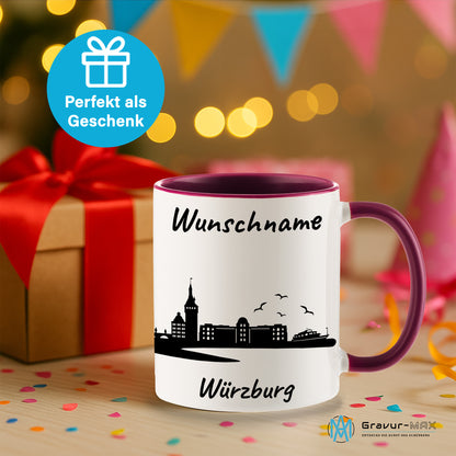 Tasse in Bordeauxrot 330ml bedruckt mit der Skyline von Würzburg personalisierbar mit Wunschname