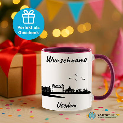 Tasse in Bordeauxrot 330ml bedruckt mit der Skyline von Usedom personalisierbar mit Wunschname