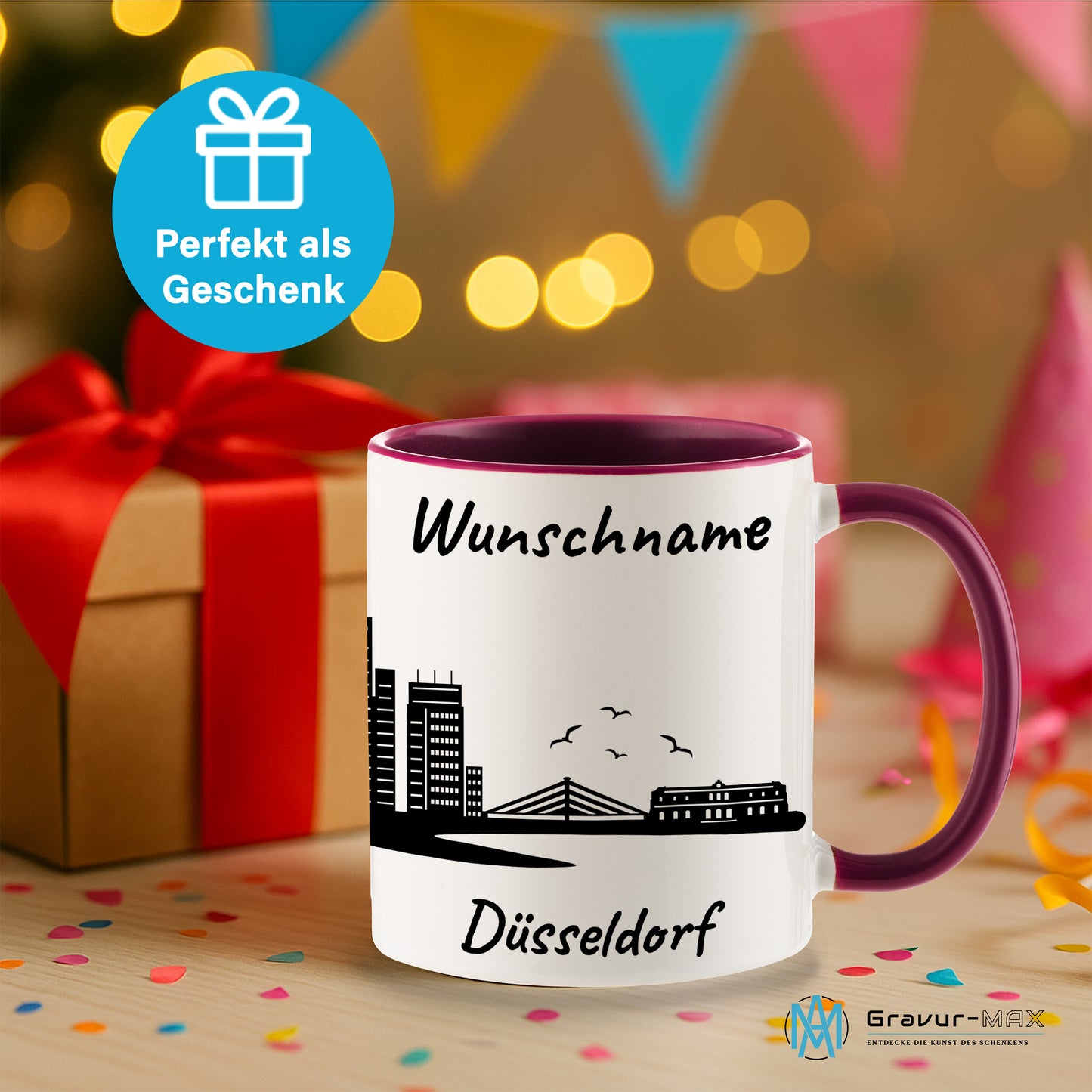 Tasse in Bordeauxrot 330ml bedruckt mit der Skyline von Düsseldorf personalisierbar mit Wunschname
