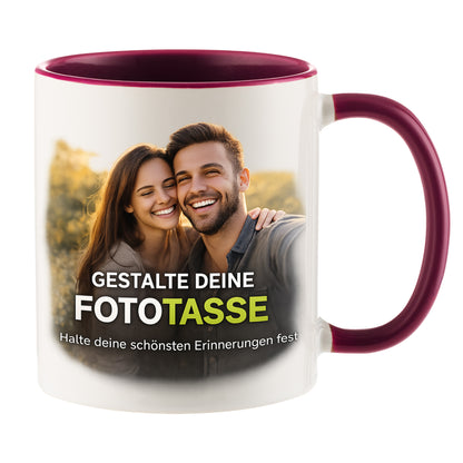 Personalisierte Fototasse selbst gestalten – in 13 ver. Farben mit eigenem Bild & Text | 3D Vorschau (330 ml)