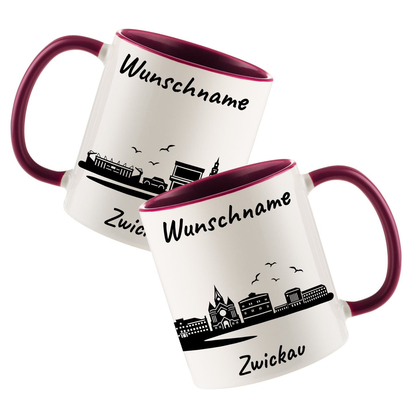 Tasse in Bordeauxrot 330ml bedruckt mit der Skyline von Zwickau personalisierbar mit Wunschname