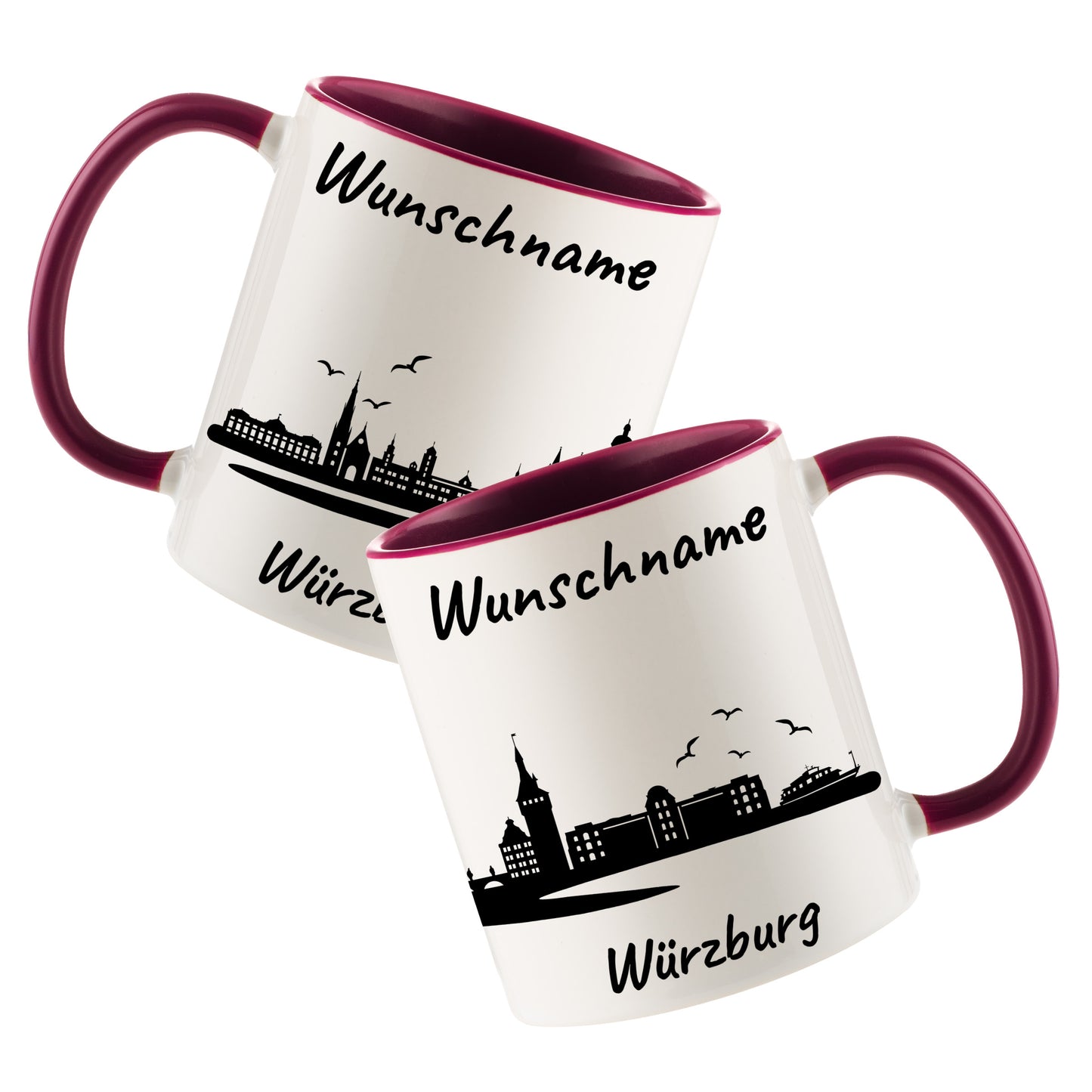 Tasse in Bordeauxrot 330ml bedruckt mit der Skyline von Würzburg personalisierbar mit Wunschname