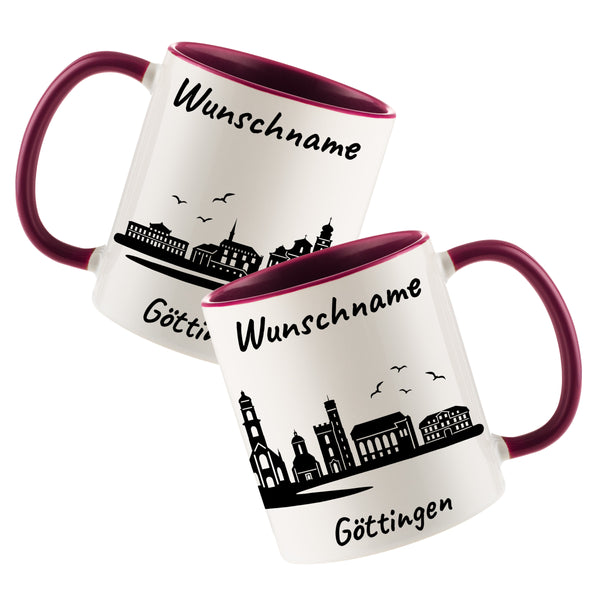 Tasse in Bordeauxrot 330ml bedruckt mit der Skyline von Göttingen personalisierbar mit Wunschname