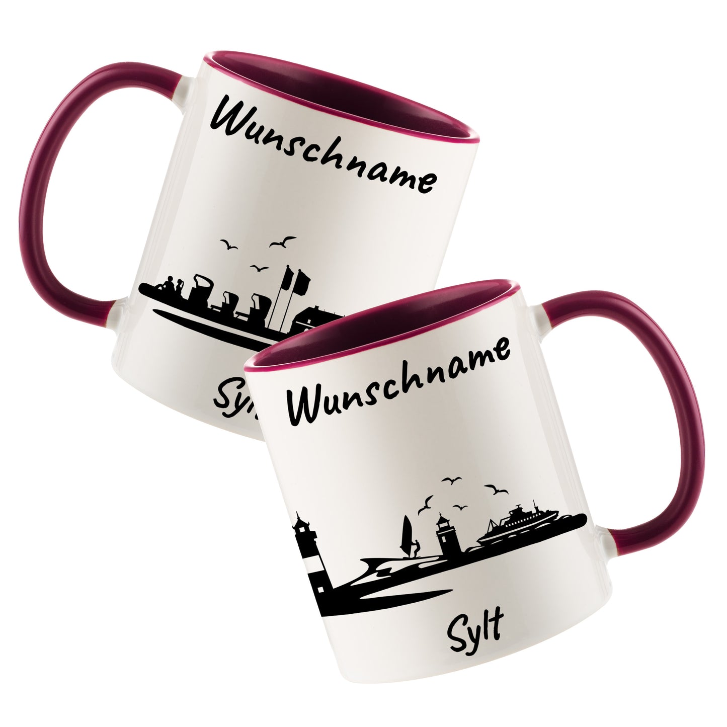 Tasse in Bordeauxrot 330ml bedruckt mit der Skyline von Sylt personalisierbar mit Wunschname