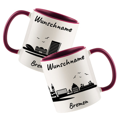 Tasse in Bordeauxrot 330ml bedruckt mit der Skyline von Bremen personalisierbar mit Wunschname