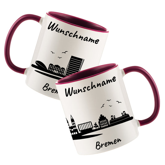 Tasse in Bordeauxrot 330ml bedruckt mit der Skyline von Bremen personalisierbar mit Wunschname
