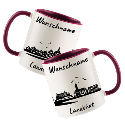 Tasse in Bordeauxrot 330ml bedruckt mit der Skyline von Landshut personalisierbar mit Wunschname