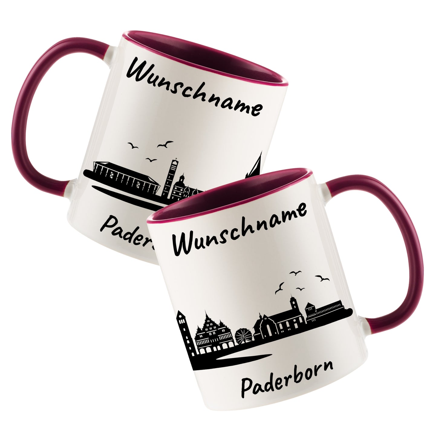 Tasse in Bordeauxrot 330ml bedruckt mit der Skyline von Paderborn personalisierbar mit Wunschname