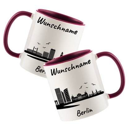 Tasse in Bordeauxrot 330ml bedruckt mit der Skyline von Berlin personalisierbar mit Wunschname