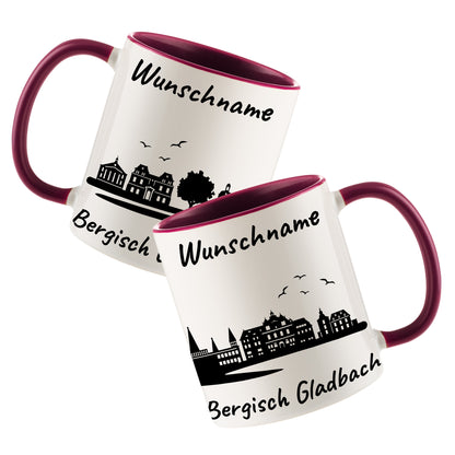 Tasse in Bordeauxrot 330ml bedruckt mit der Skyline von Bergisch Gladbach personalisierbar mit Wunschname