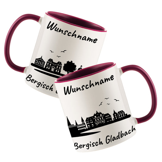Tasse in Bordeauxrot 330ml bedruckt mit der Skyline von Bergisch Gladbach personalisierbar mit Wunschname