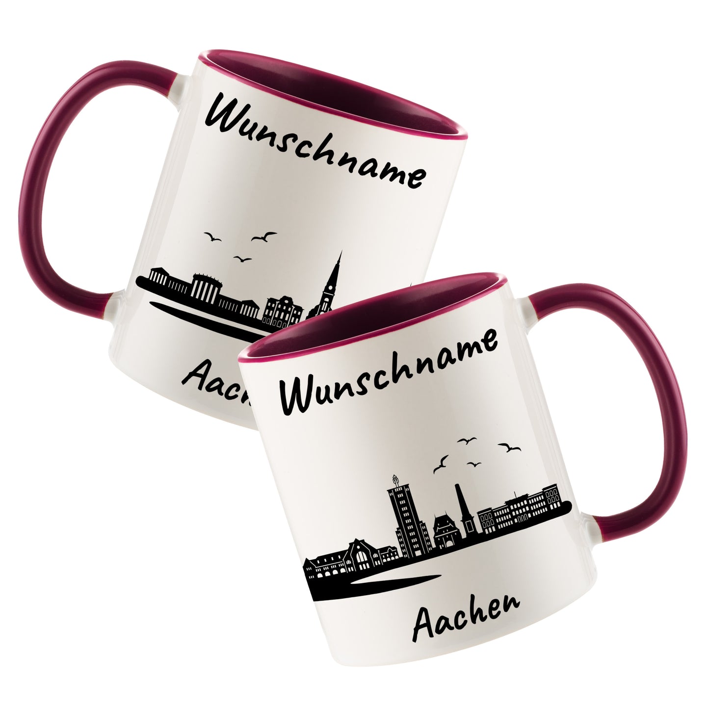 Tasse in Bordeauxrot 330ml bedruckt mit der Skyline von Aachen personalisierbar mit Wunschname