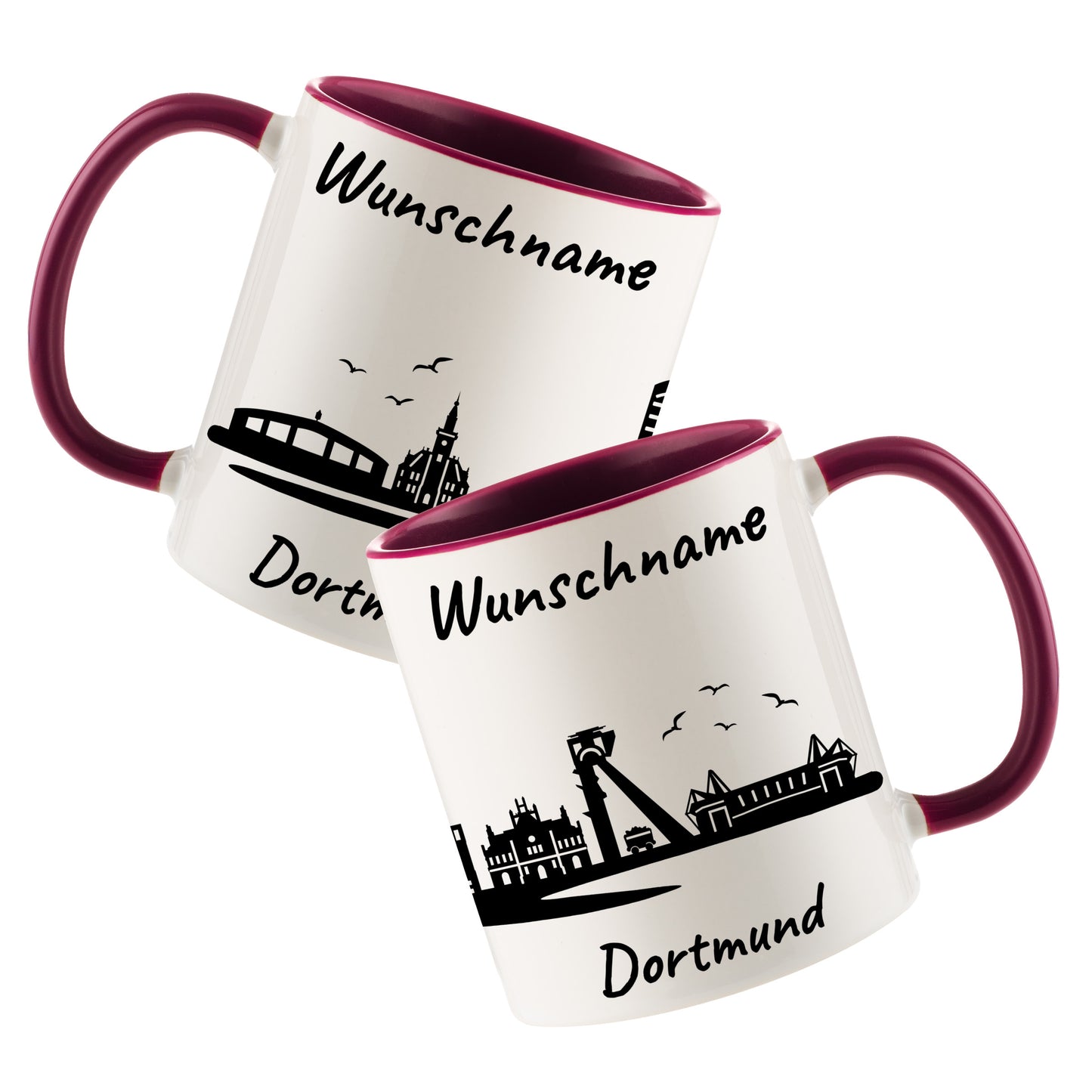 Tasse in Bordeauxrot 330ml bedruckt mit der Skyline von Dortmund personalisierbar mit Wunschname
