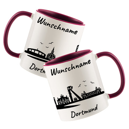 Tasse in Bordeauxrot 330ml bedruckt mit der Skyline von Dortmund personalisierbar mit Wunschname