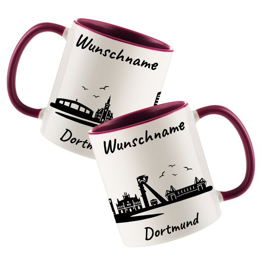 Tasse in Bordeauxrot 330ml bedruckt mit der Skyline von Dortmund personalisierbar mit Wunschname