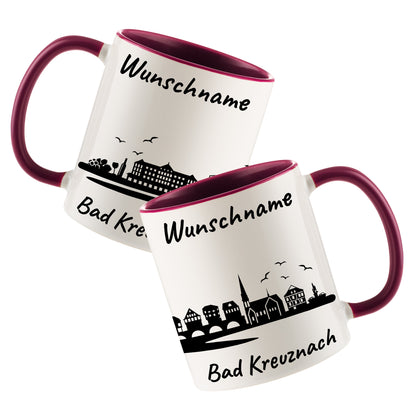 Tasse in Bordeauxrot 330ml bedruckt mit der Skyline von Bad Kreuznach personalisierbar mit Wunschname