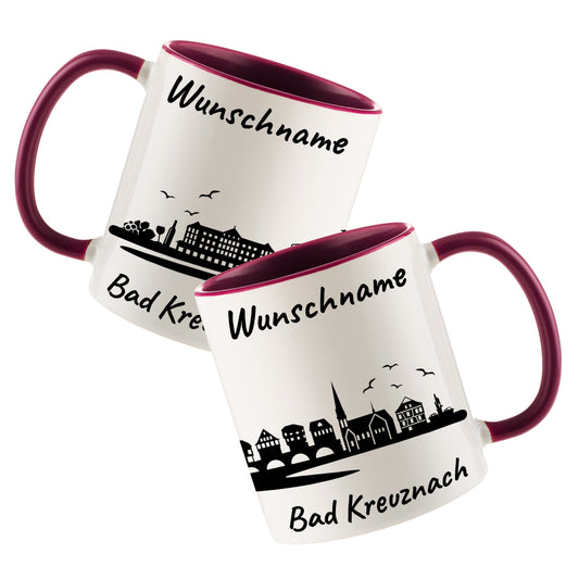 Tasse in Bordeauxrot 330ml bedruckt mit der Skyline von Bad Kreuznach personalisierbar mit Wunschname