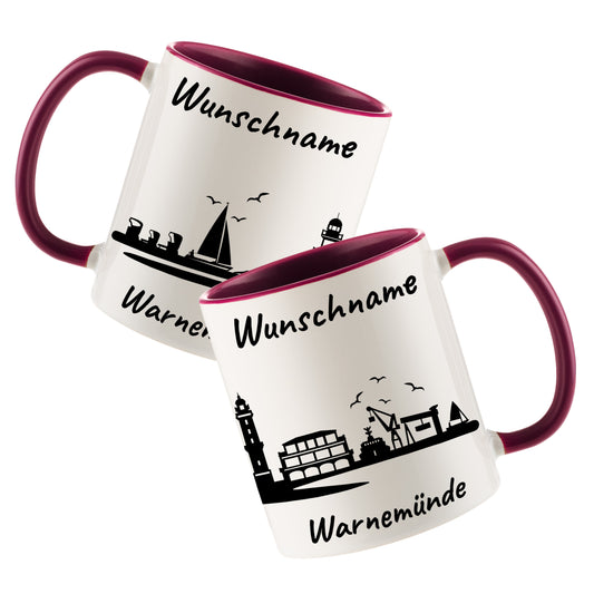 Tasse in Bordeauxrot 330ml bedruckt mit der Skyline von Warnemünde personalisierbar mit Wunschname