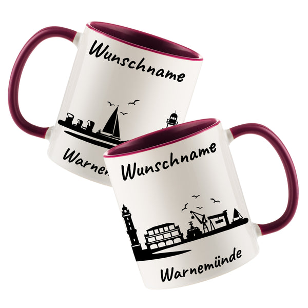 Tasse in Bordeauxrot 330ml bedruckt mit der Skyline von Warnemünde personalisierbar mit Wunschname