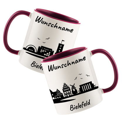 Tasse in Bordeauxrot 330ml bedruckt mit der Skyline von Bielefeld personalisierbar mit Wunschname