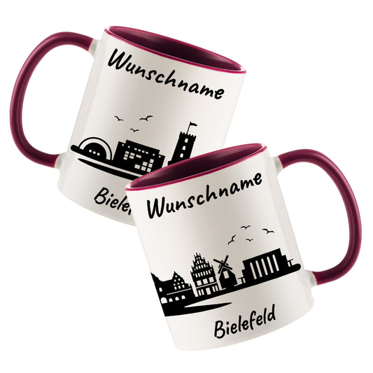 Tasse in Bordeauxrot 330ml bedruckt mit der Skyline von Bielefeld personalisierbar mit Wunschname