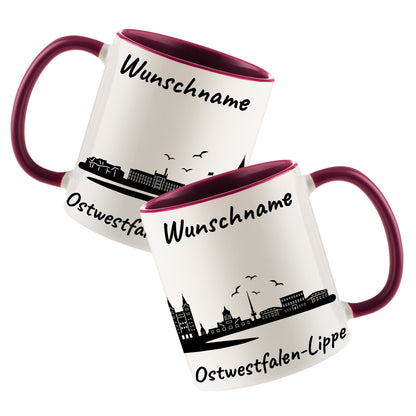 Tasse in Bordeauxrot 330ml bedruckt mit der Skyline von Ostwestfalen-Lippe personalisierbar mit Wunschname