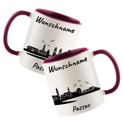 Tasse in Bordeauxrot 330ml bedruckt mit der Skyline von Passau personalisierbar mit Wunschname