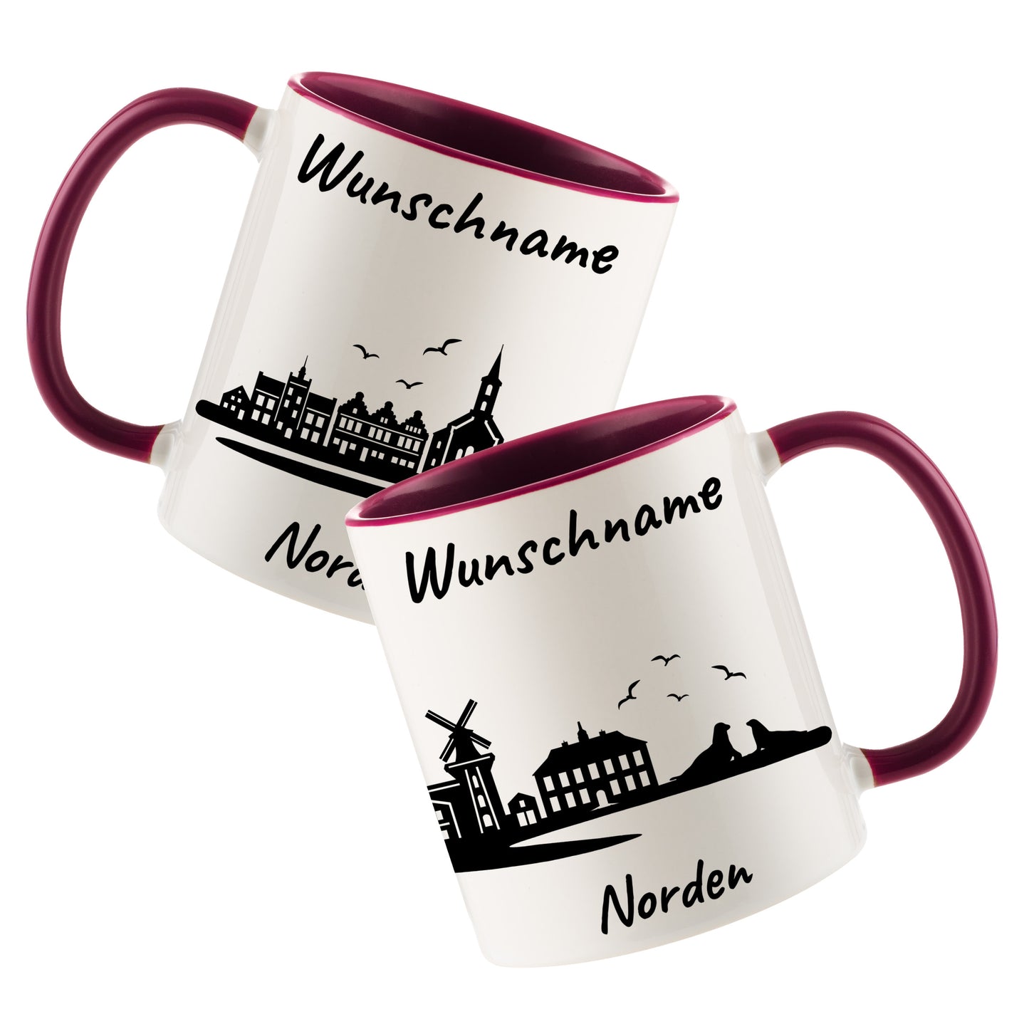 Tasse in Bordeauxrot 330ml bedruckt mit der Skyline von Norden personalisierbar mit Wunschname
