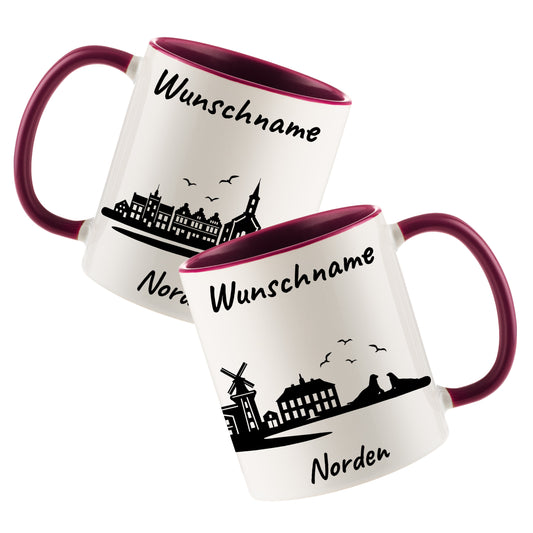 Tasse in Bordeauxrot 330ml bedruckt mit der Skyline von Norden personalisierbar mit Wunschname