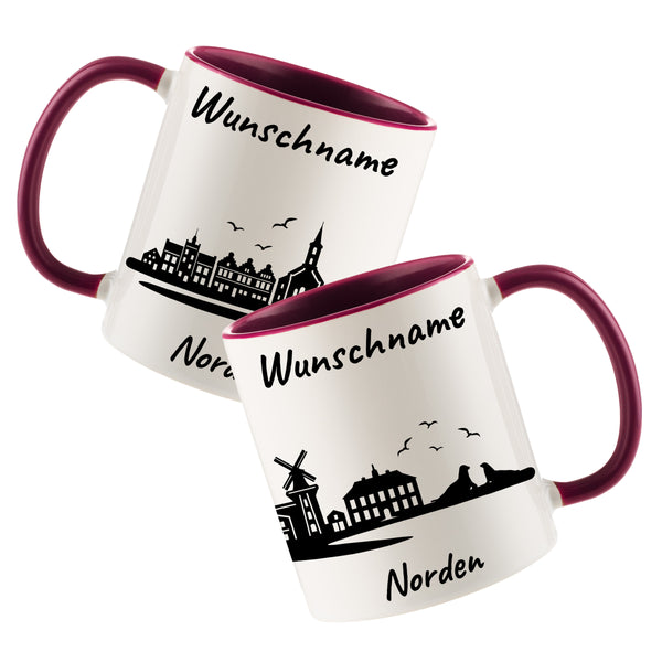 Tasse in Bordeauxrot 330ml bedruckt mit der Skyline von Norden personalisierbar mit Wunschname