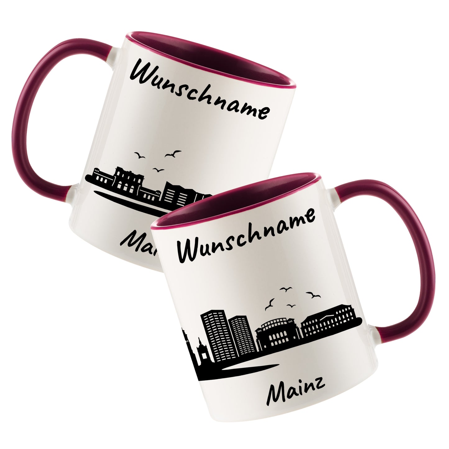 Tasse in Bordeauxrot 330ml bedruckt mit der Skyline von Mainz personalisierbar mit Wunschname