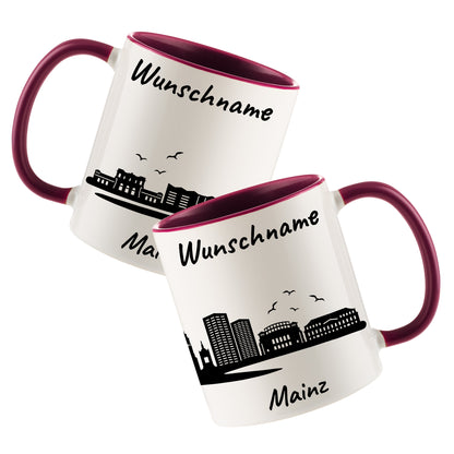 Tasse in Bordeauxrot 330ml bedruckt mit der Skyline von Mainz personalisierbar mit Wunschname