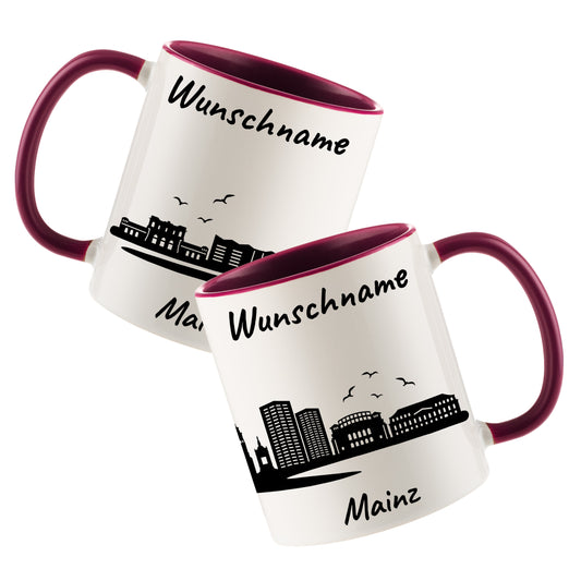 Tasse in Bordeauxrot 330ml bedruckt mit der Skyline von Mainz personalisierbar mit Wunschname