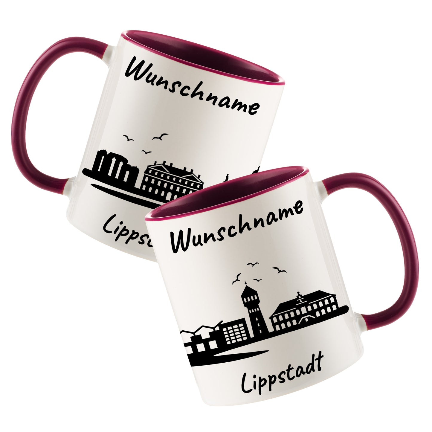 Tasse in Bordeauxrot 330ml bedruckt mit der Skyline von Lippstadt personalisierbar mit Wunschname