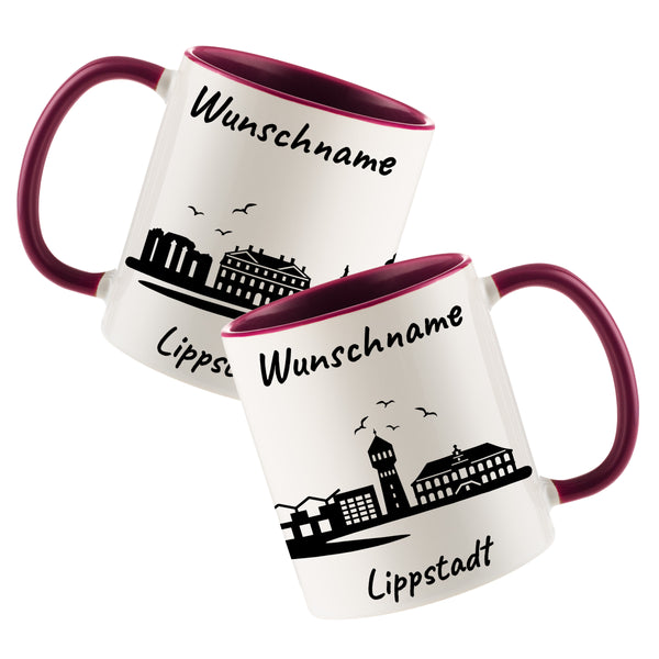 Tasse in Bordeauxrot 330ml bedruckt mit der Skyline von Lippstadt personalisierbar mit Wunschname