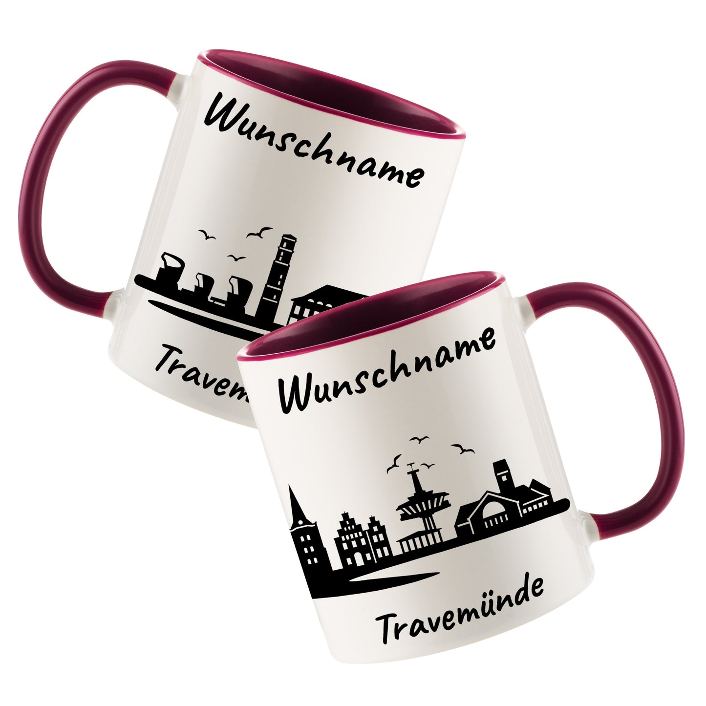 Tasse in Bordeauxrot 330ml bedruckt mit der Skyline von Travemünde personalisierbar mit Wunschname