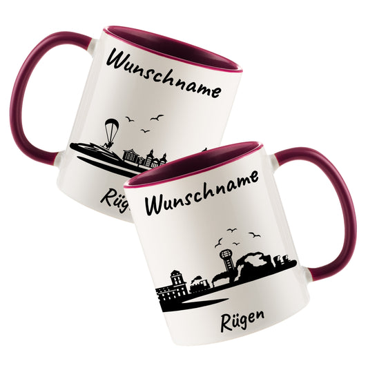 Tasse in Bordeauxrot 330ml bedruckt mit der Skyline von Rügen personalisierbar mit Wunschname