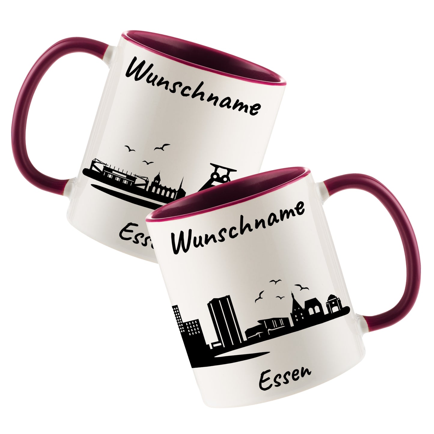 Tasse in Bordeauxrot 330ml bedruckt mit der Skyline von Essen personalisierbar mit Wunschname