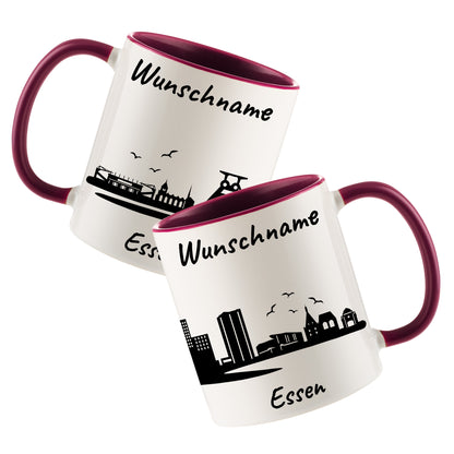 Tasse in Bordeauxrot 330ml bedruckt mit der Skyline von Essen personalisierbar mit Wunschname