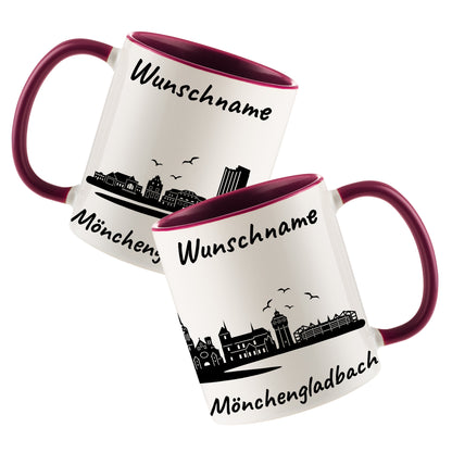 Tasse in Bordeauxrot 330ml bedruckt mit der Skyline von Mönchengladbach personalisierbar mit Wunschname