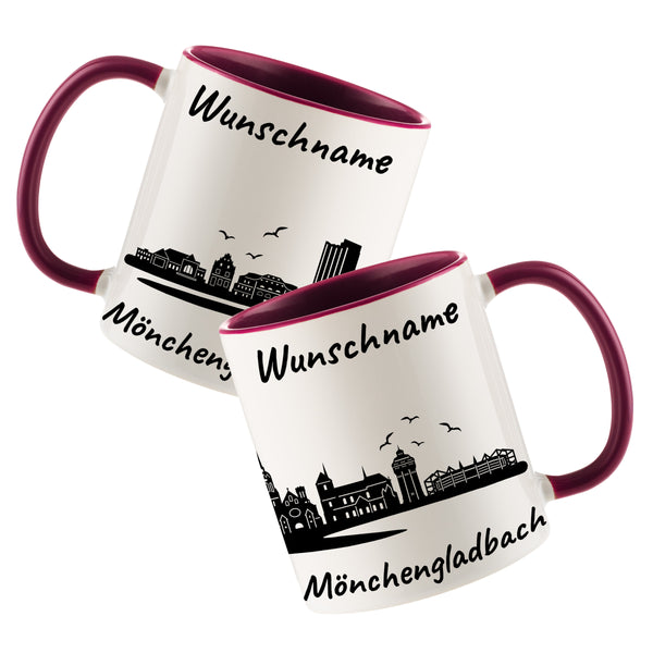 Tasse in Bordeauxrot 330ml bedruckt mit der Skyline von Mönchengladbach personalisierbar mit Wunschname