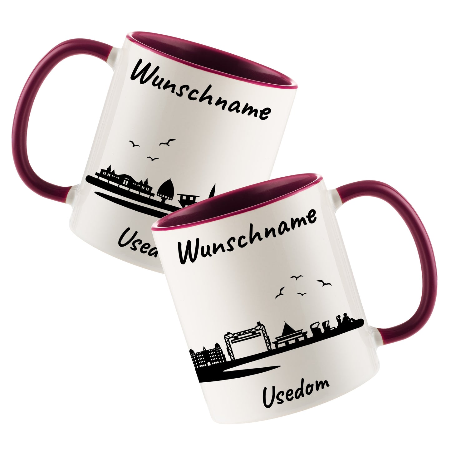 Tasse in Bordeauxrot 330ml bedruckt mit der Skyline von Usedom personalisierbar mit Wunschname