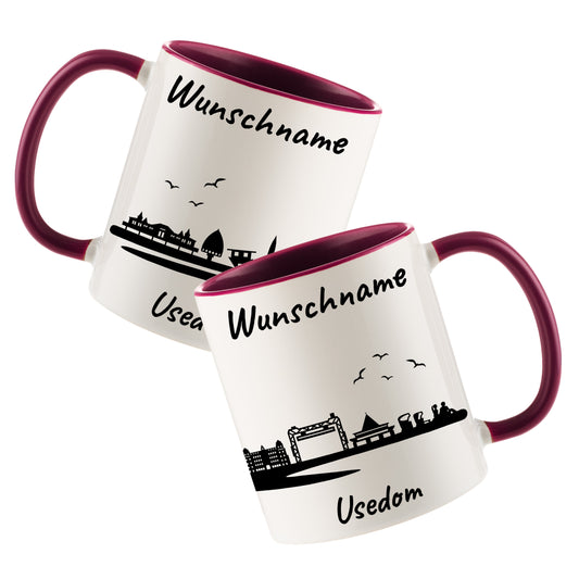 Tasse in Bordeauxrot 330ml bedruckt mit der Skyline von Usedom personalisierbar mit Wunschname